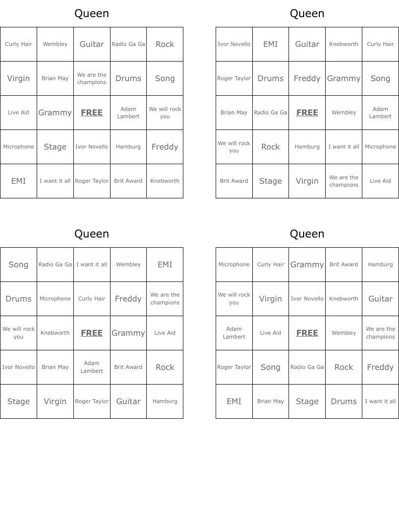 Queen Bingo Cards
