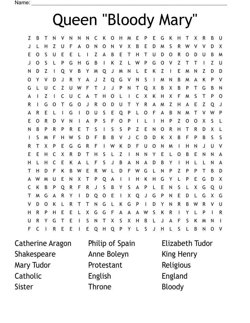 Queen "Bloody Mary" Word Search