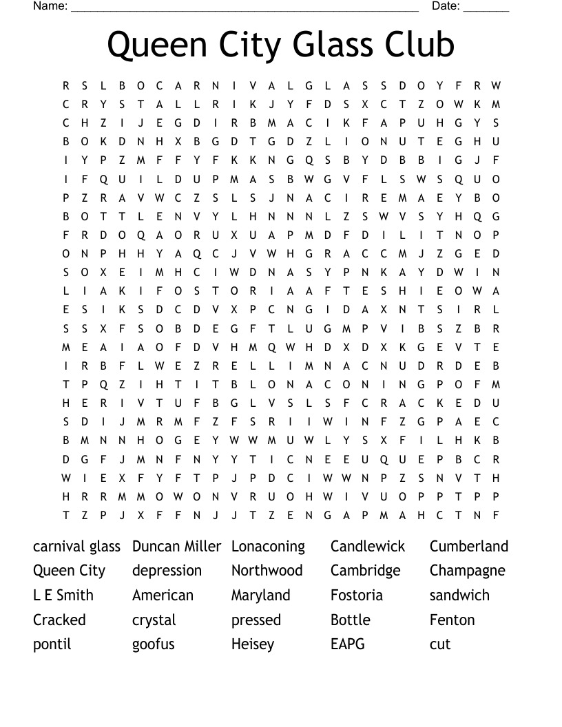 Queen City Glass Club Word Search