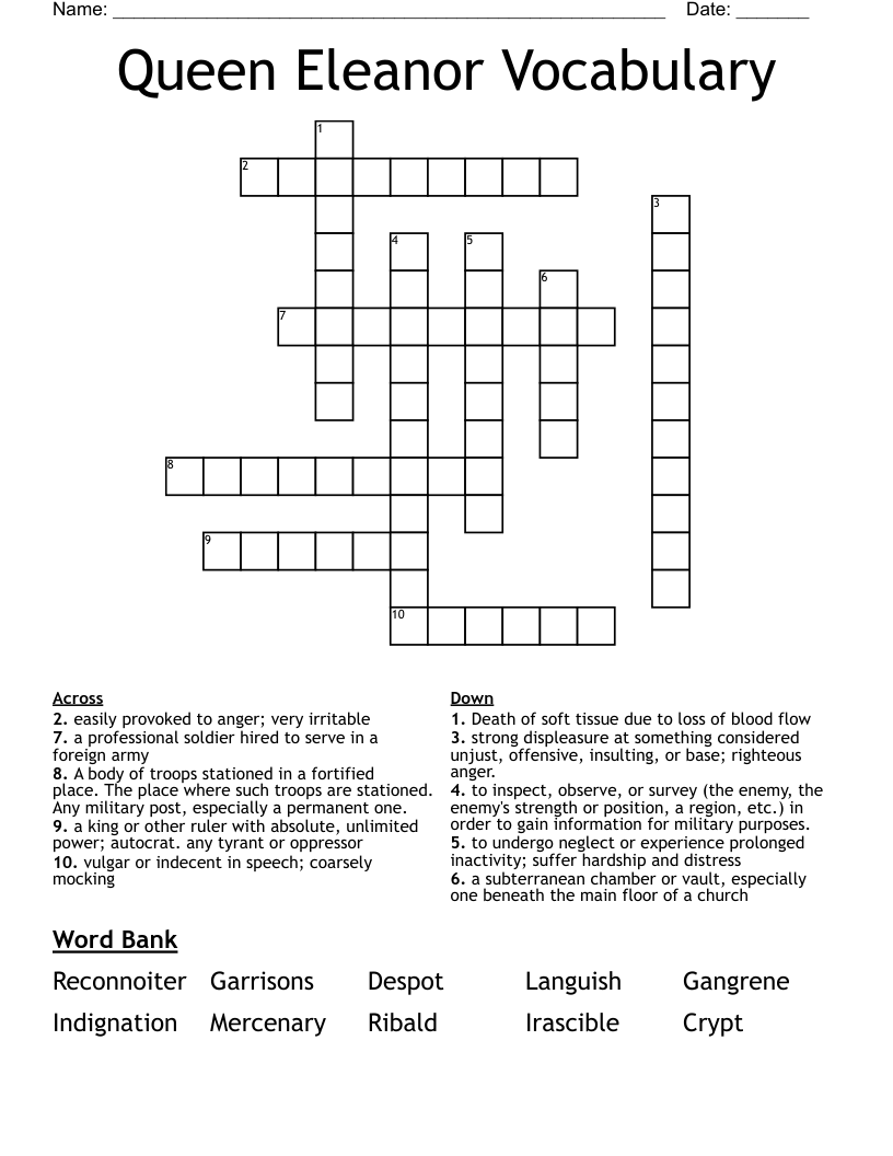 Queen Eleanor Vocabulary Crossword