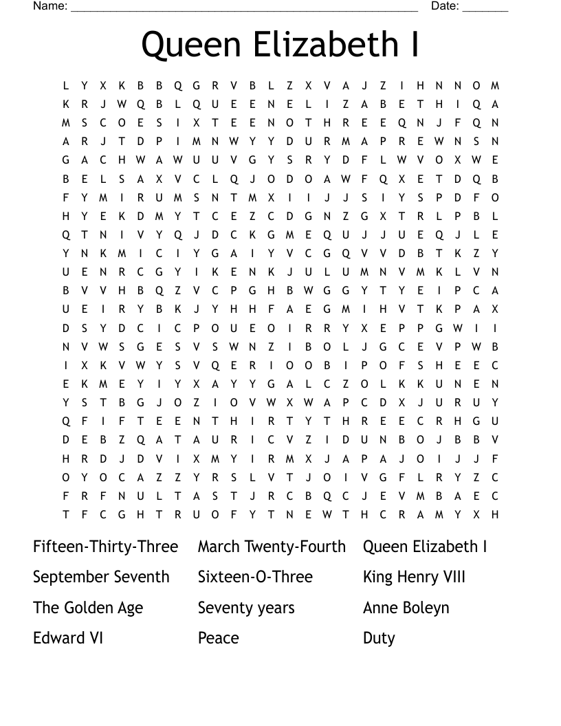 Queen Elizabeth I Word Search