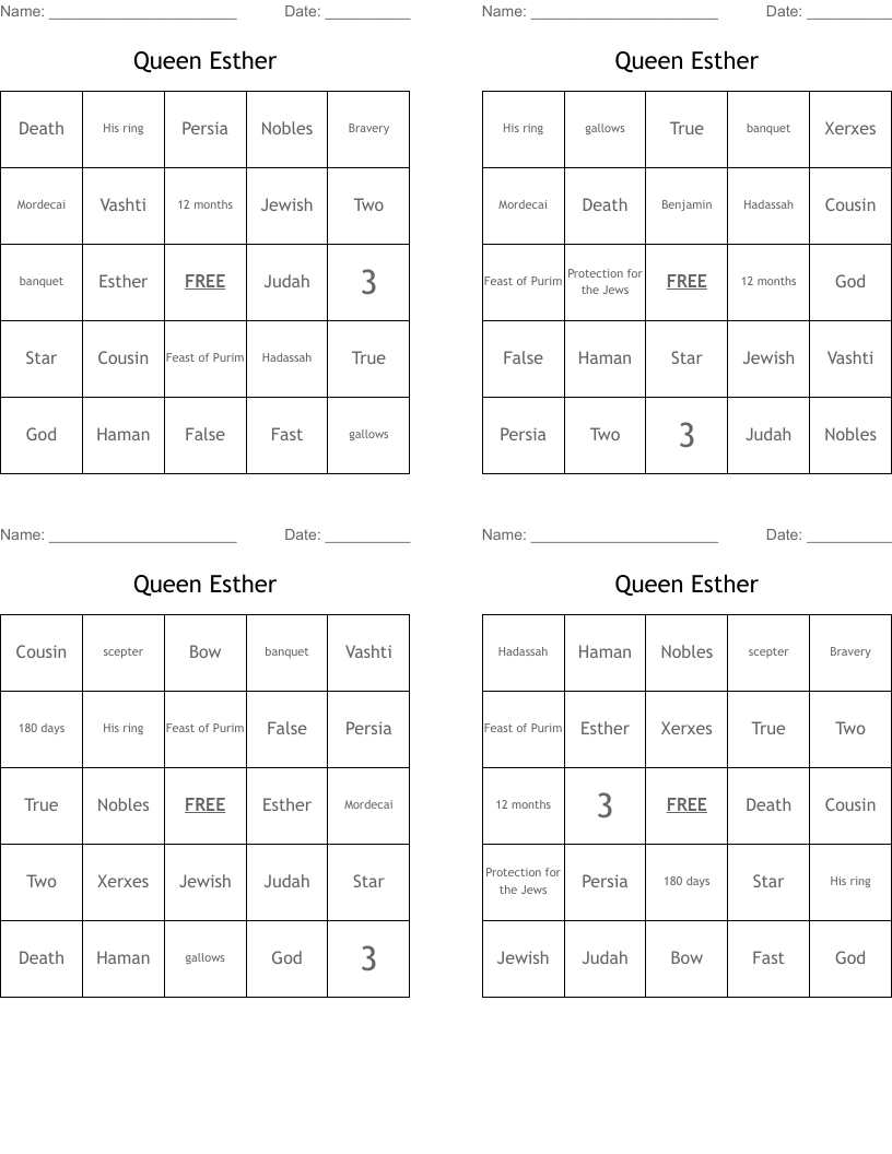 Queen Esther Bingo Cards