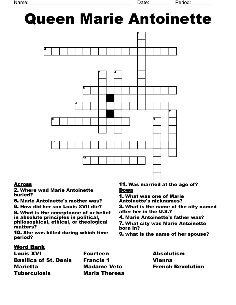Queen Marie Antoinette Crossword