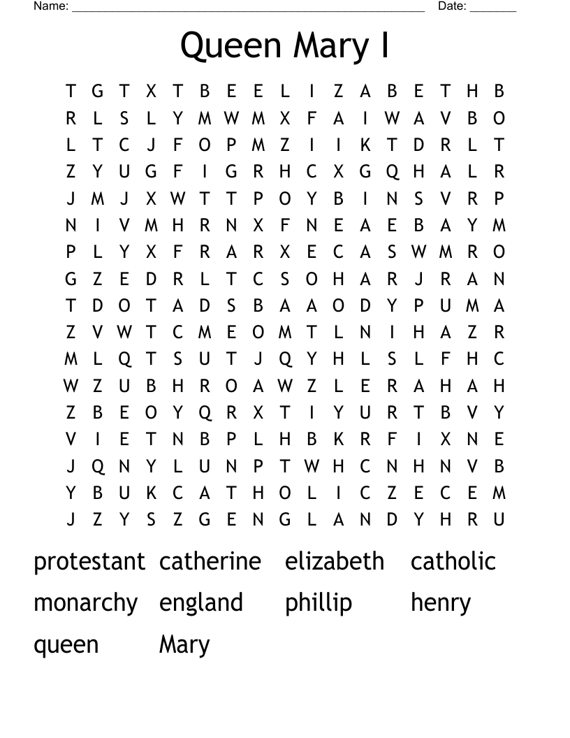 Queen Mary I Word Search