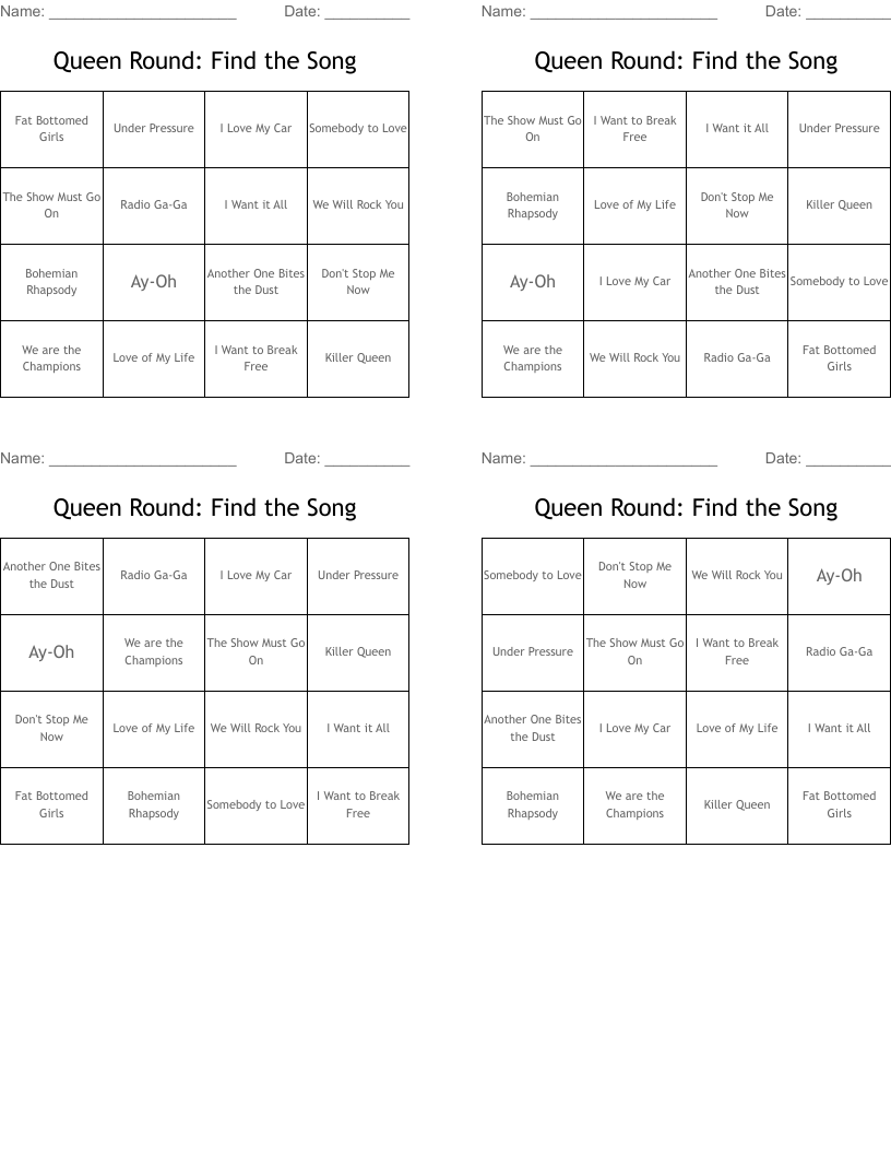 Queen Round: Find the Song Bingo Cards