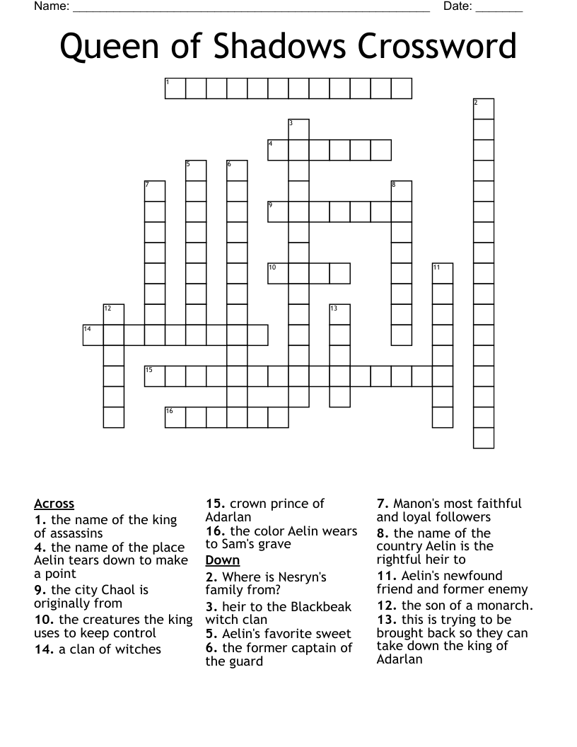 Queen of Shadows Crossword