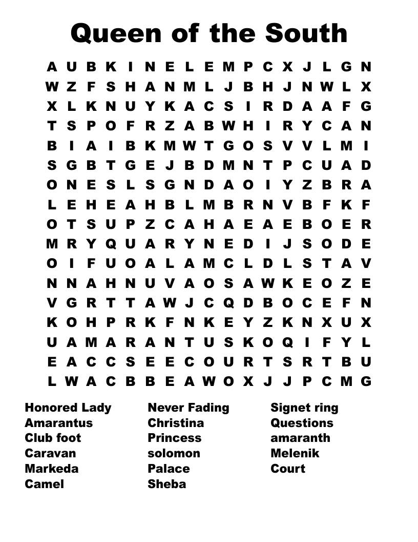 Queen of the South Word Search