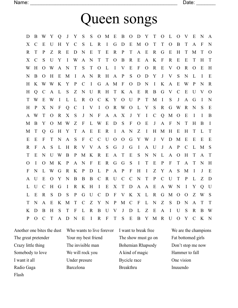 Queen songs Word Search