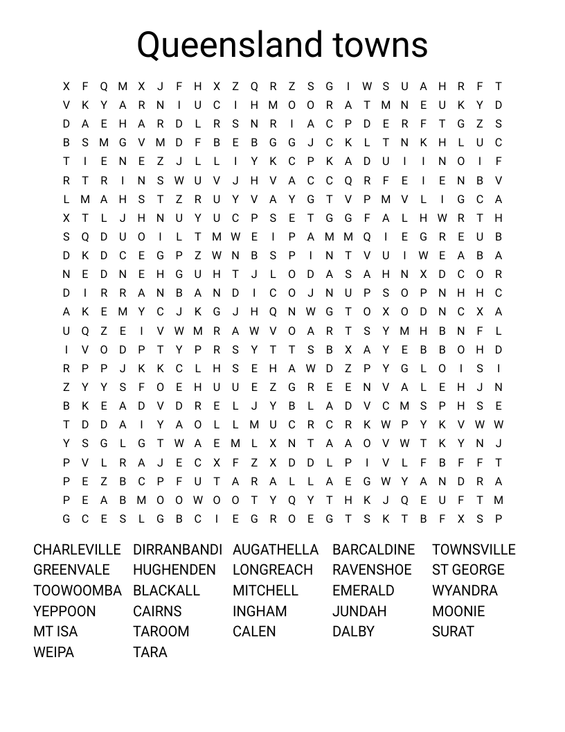 Queensland towns Word Search