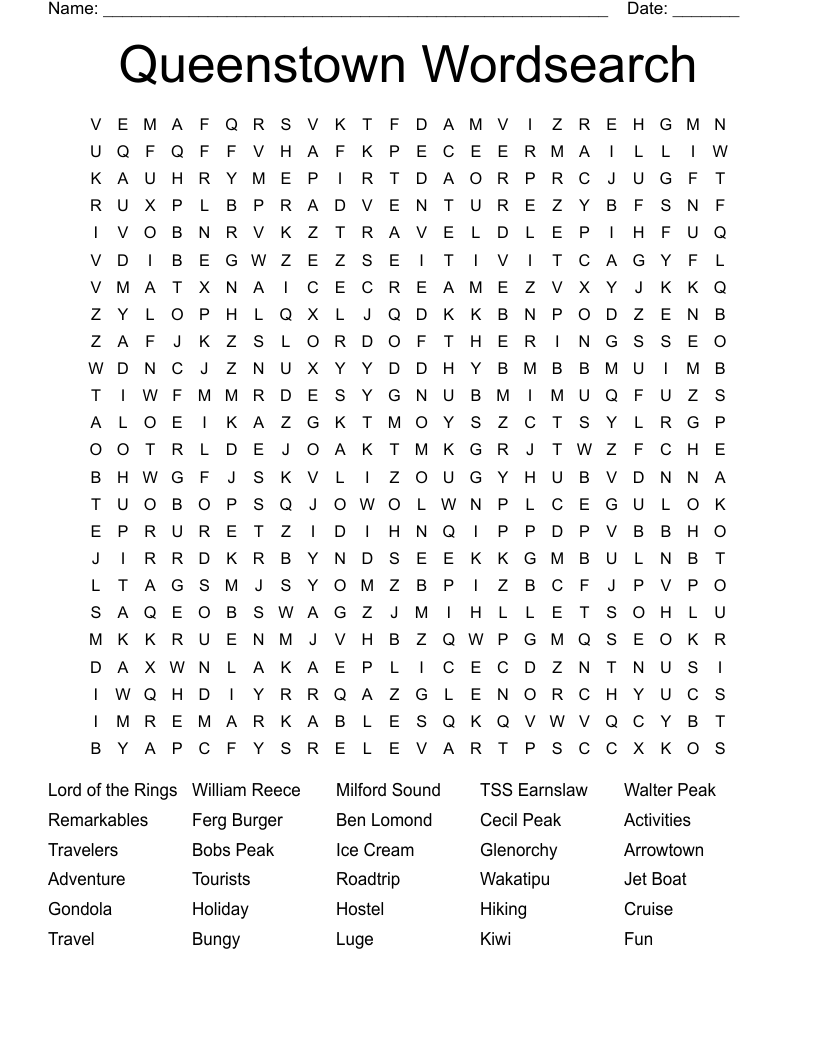 Queenstown Wordsearch