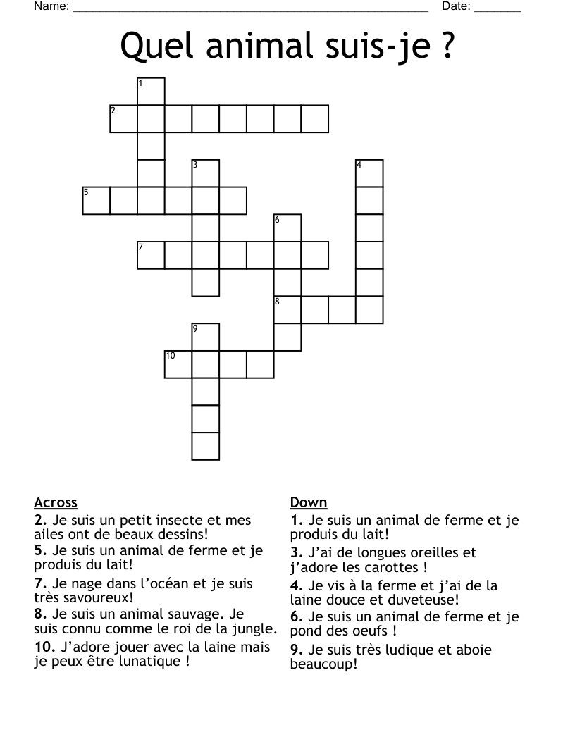 Quel animal suis-je ? Crossword