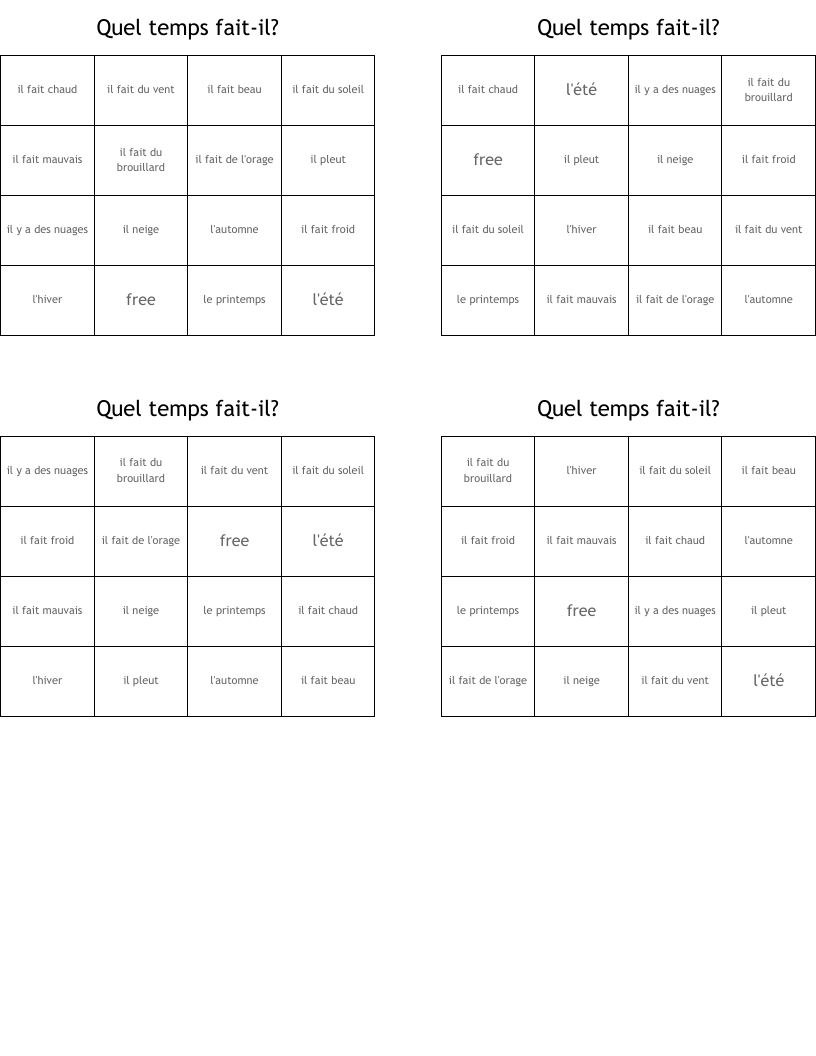 Quel temps fait-il? Bingo Cards