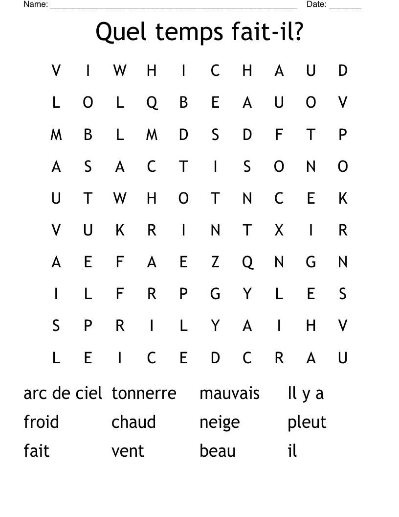 Quel temps fait-il? Word Search