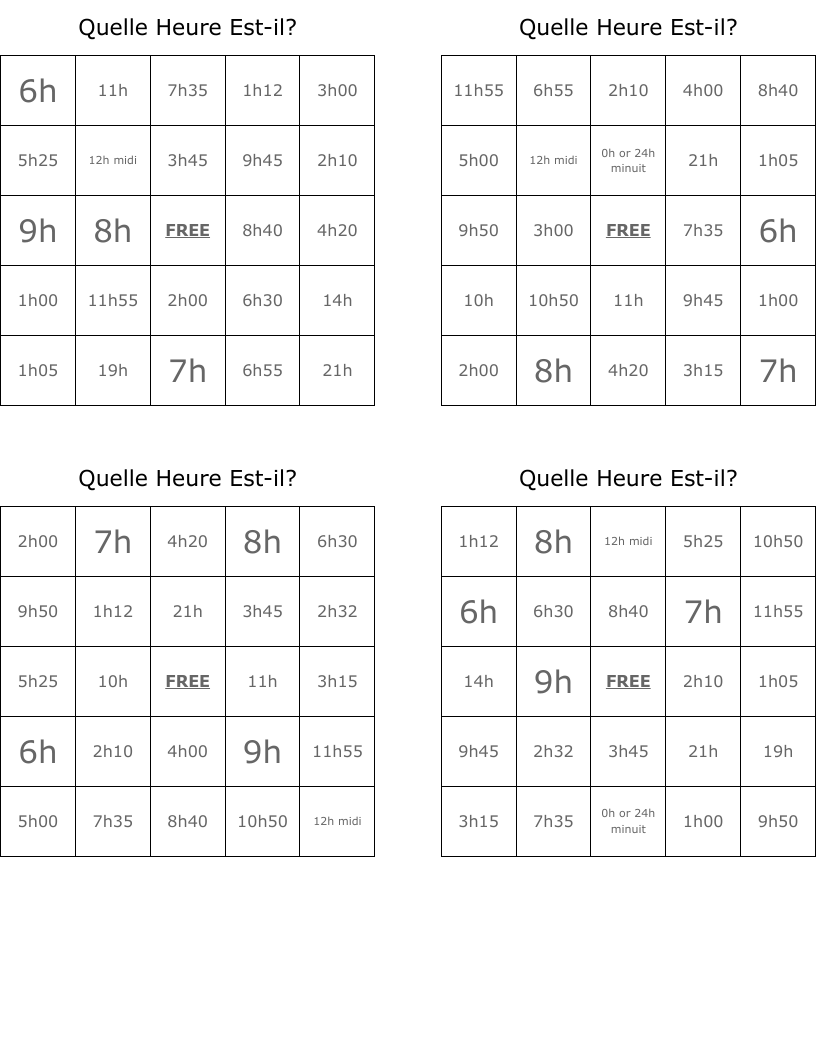 Quelle Heure Est-il? Bingo Cards