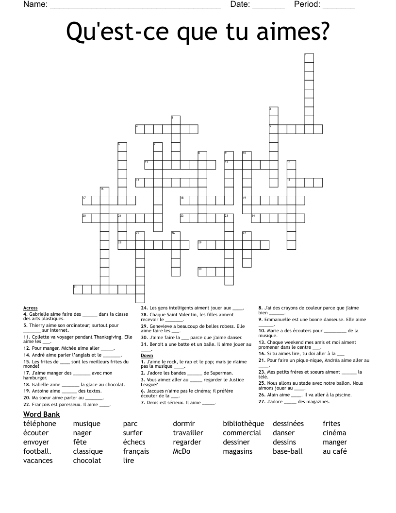 Qu'est-ce que tu aimes? Crossword