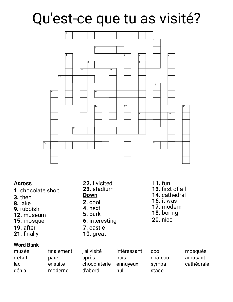 Qu'est-ce que tu as visité? Crossword