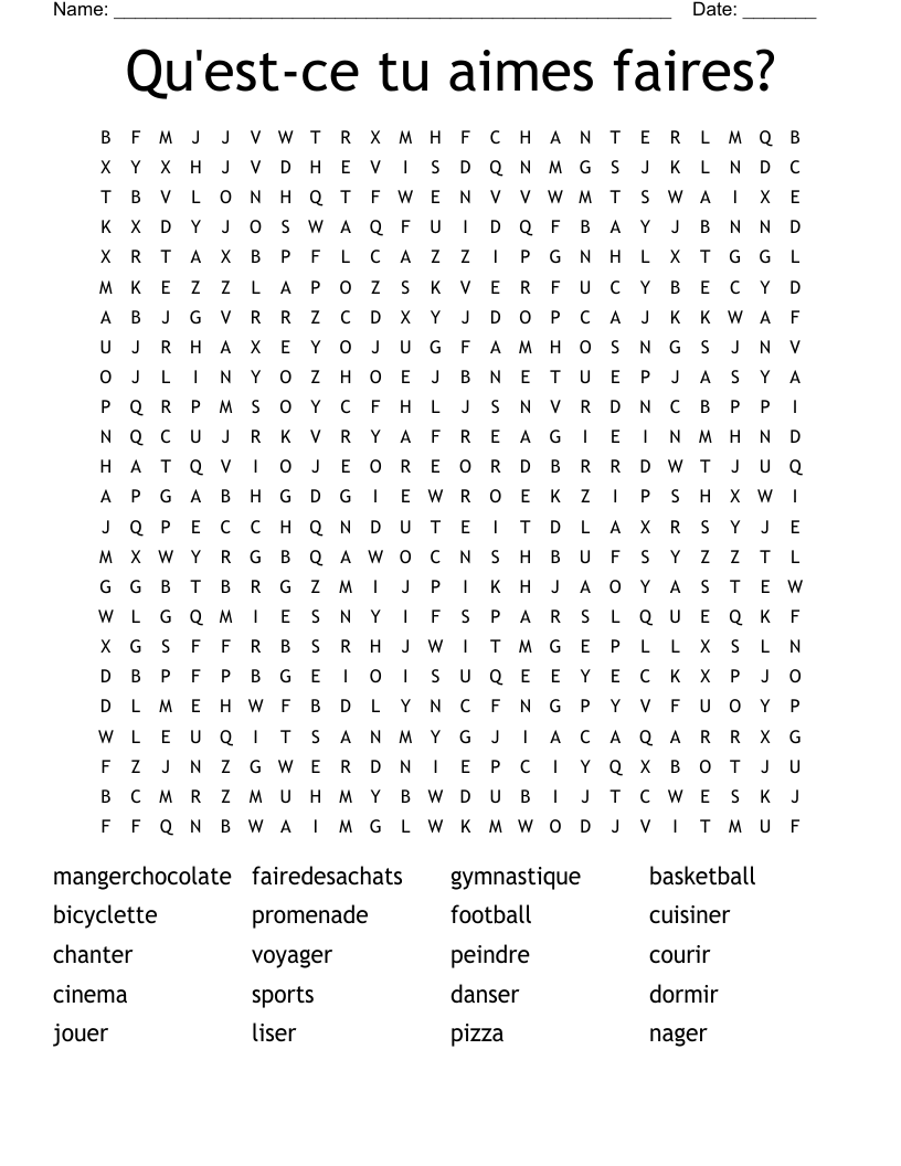 Qu'est-ce tu aimes faires? Word Search