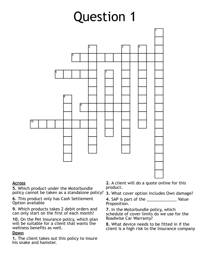 Question 1  Crossword