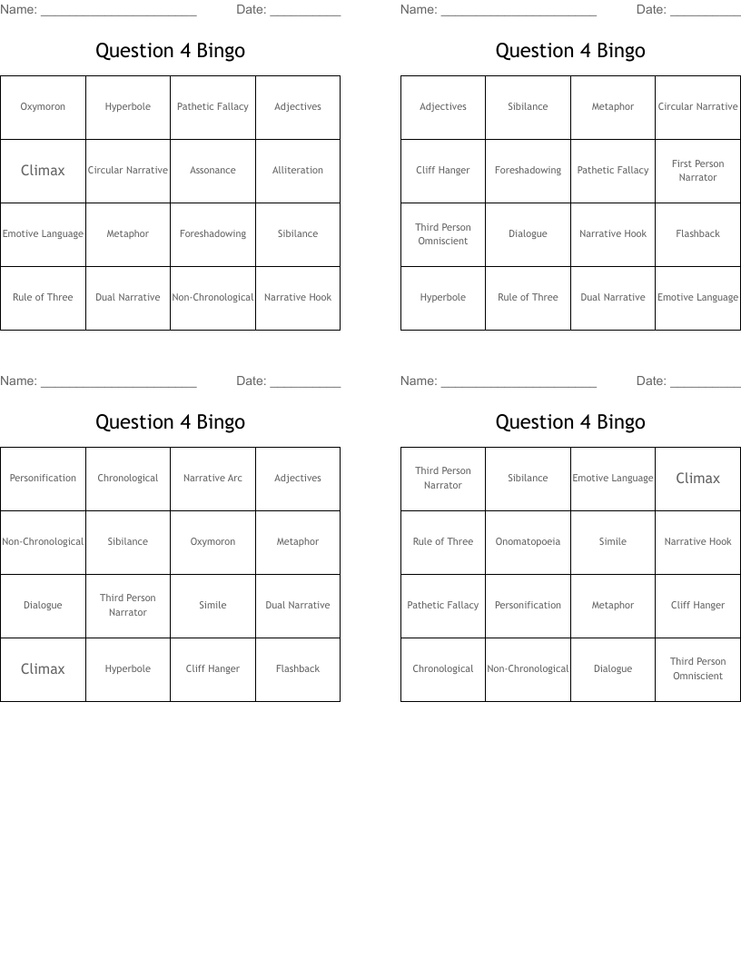 Question 4 Bingo