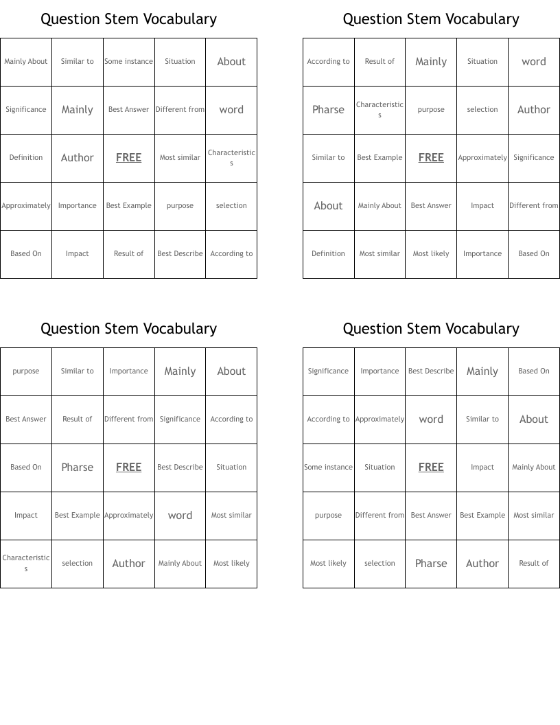 Question Stem Vocabulary Bingo Cards