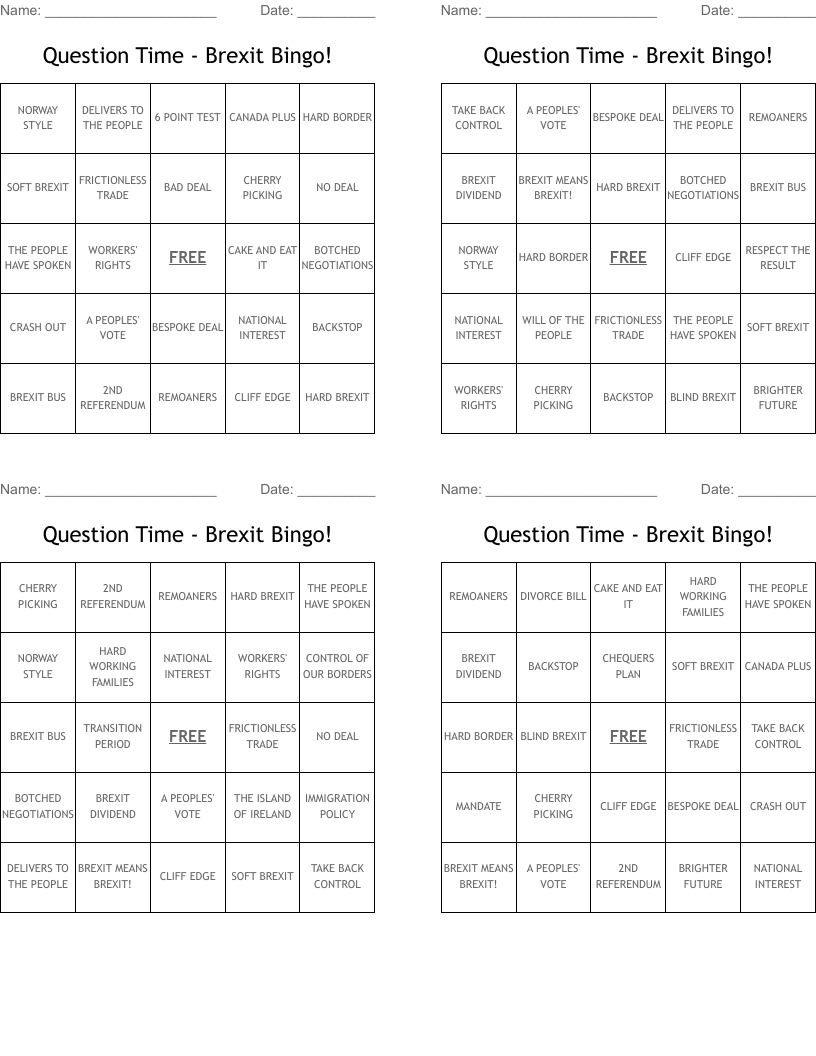 Question Time - Brexit Bingo!