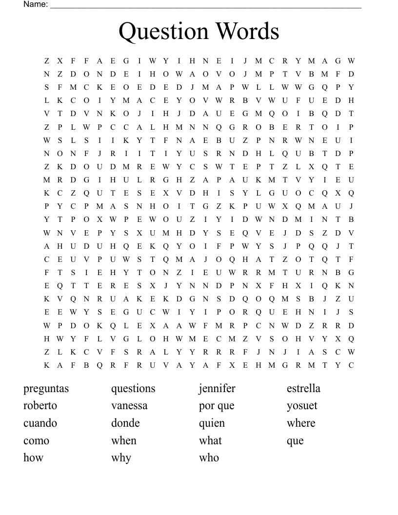 Question Words Word Search