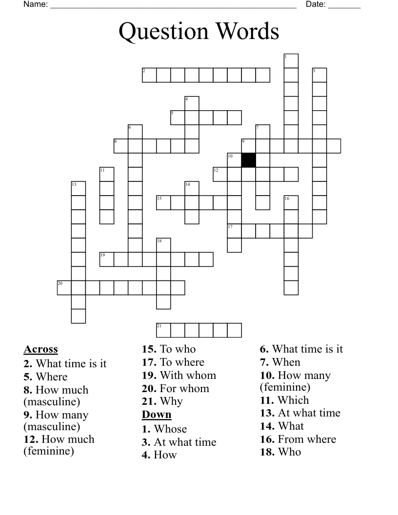 Question Words Crossword