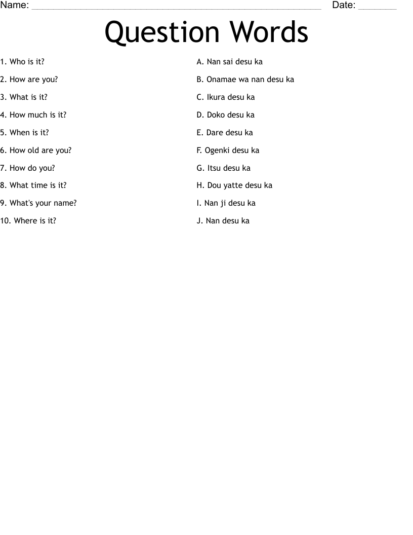 Question Words Worksheet