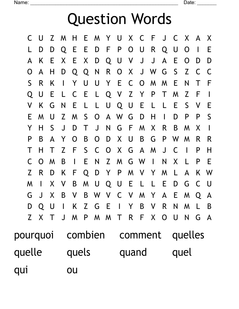 Question Words Word Search