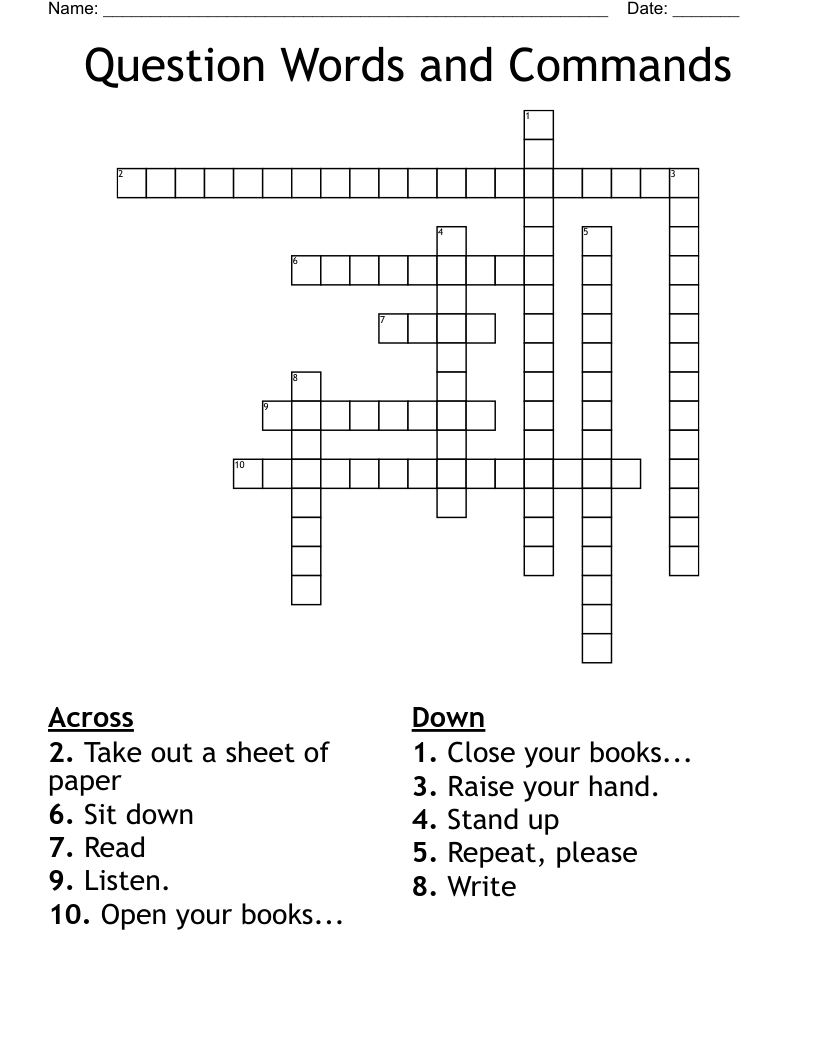Question Words and Commands Crossword