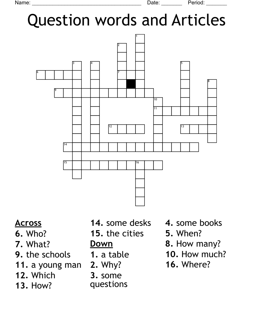 Question words and Articles Crossword