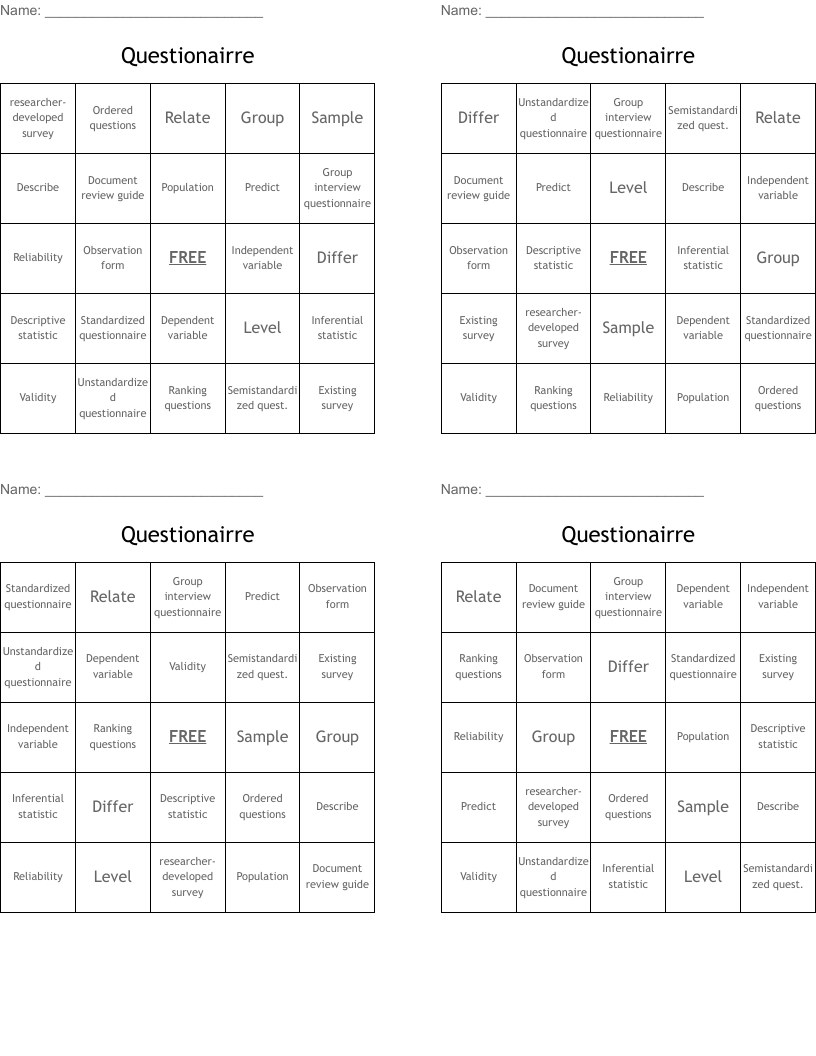 Questionairre Bingo Cards