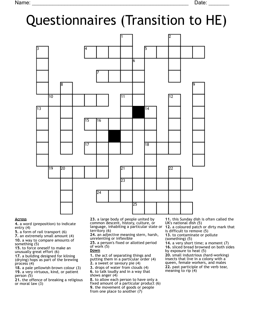 Questionnaires (Transition to HE) Crossword