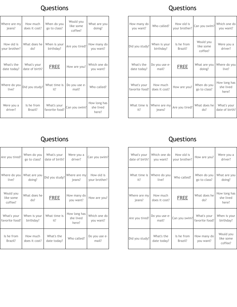 Questions Bingo Cards