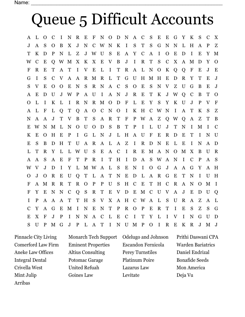 Queue 5 Difficult Accounts Word Search