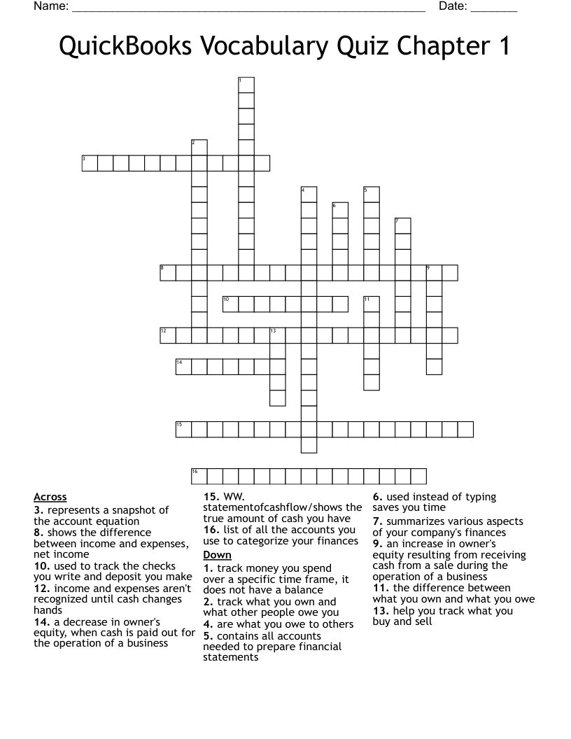 QuickBooks Vocabulary Quiz Chapter 1 Crossword