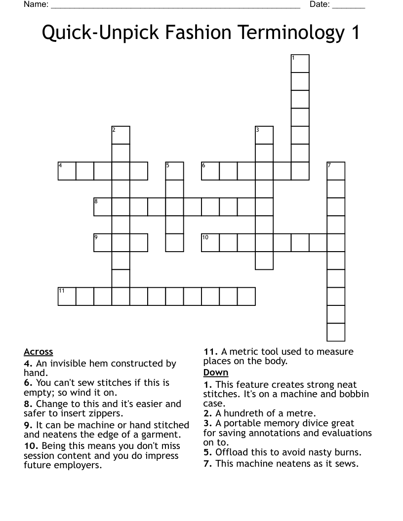 Quick-Unpick Fashion Terminology 1 Crossword