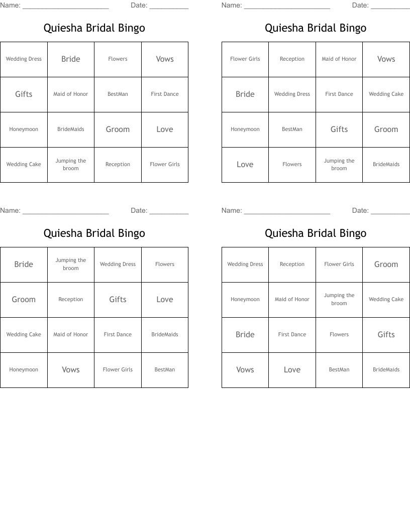 Quiesha Bridal Bingo