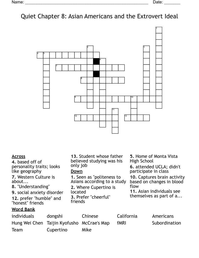 Quiet Chapter 8: Asian Americans and the Extrovert Ideal Crossword