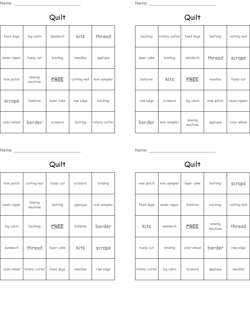 Quilt Bingo Cards