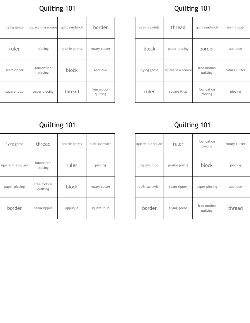Quilting 101 Bingo Cards