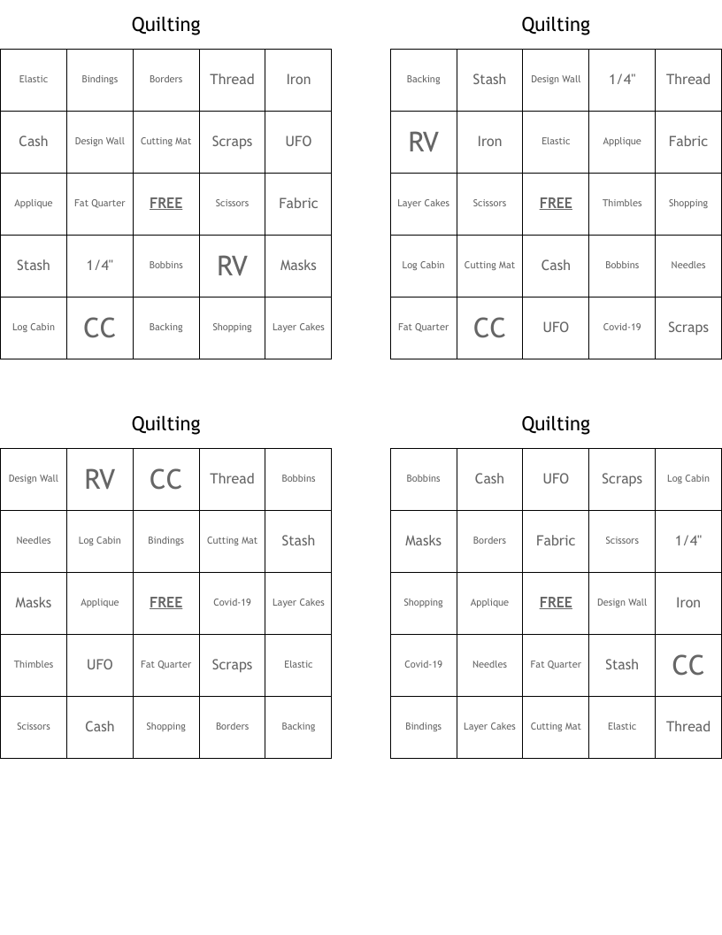 Quilting Bingo Cards