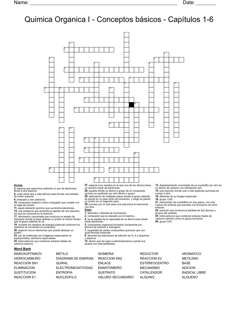 Quimica Organica I - Conceptos básicos - Capítulos 1-6 Crossword