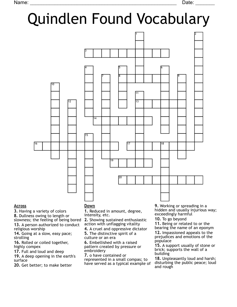 Quindlen Found Vocabulary Crossword