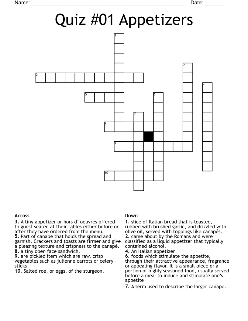 Quiz #01    Appetizers Crossword