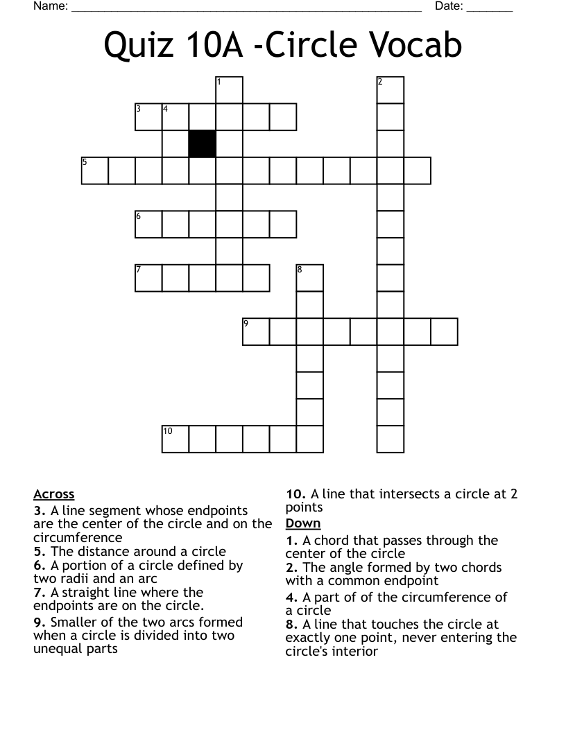Quiz 10A -Circle Vocab Crossword