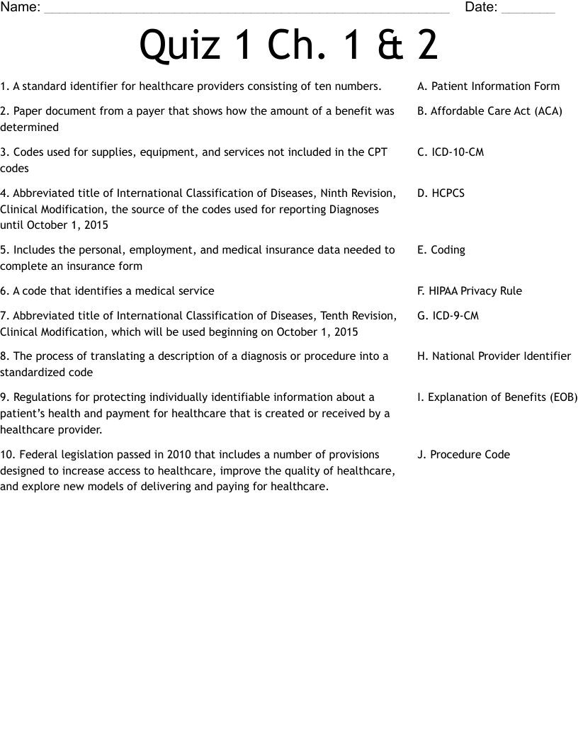 Quiz 1 Ch. 1 & 2 Worksheet
