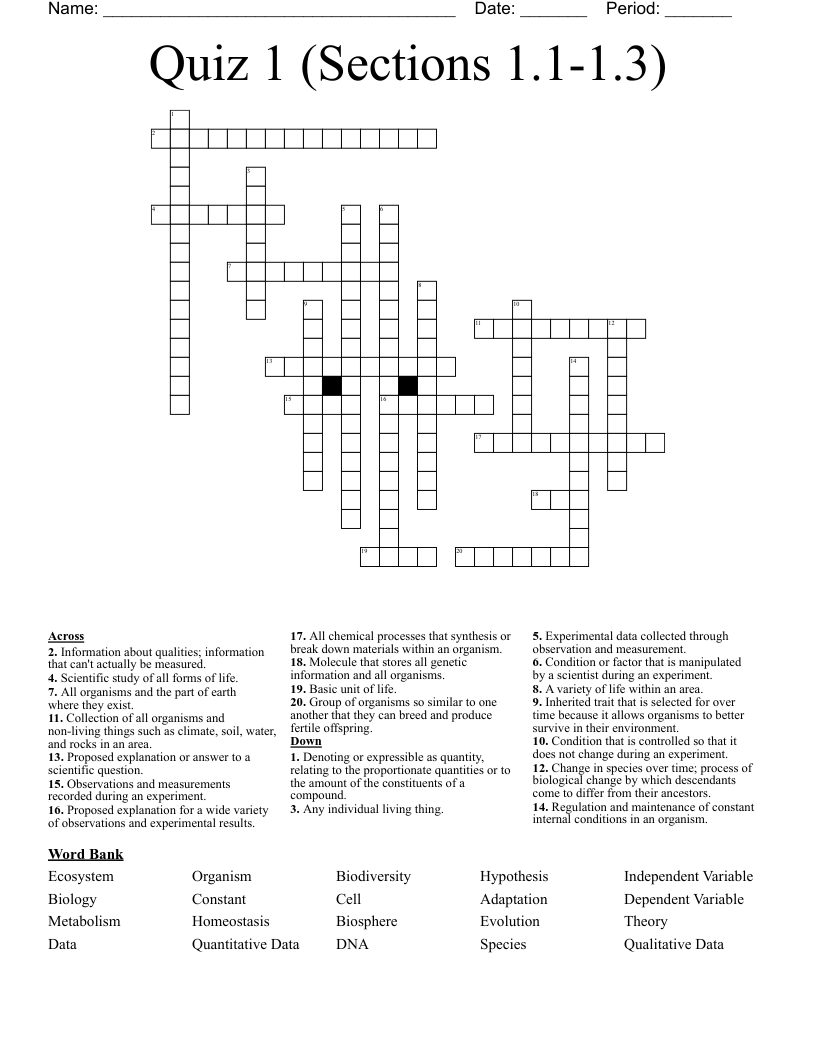 Quiz 1 (Sections 1.1-1.3) Crossword