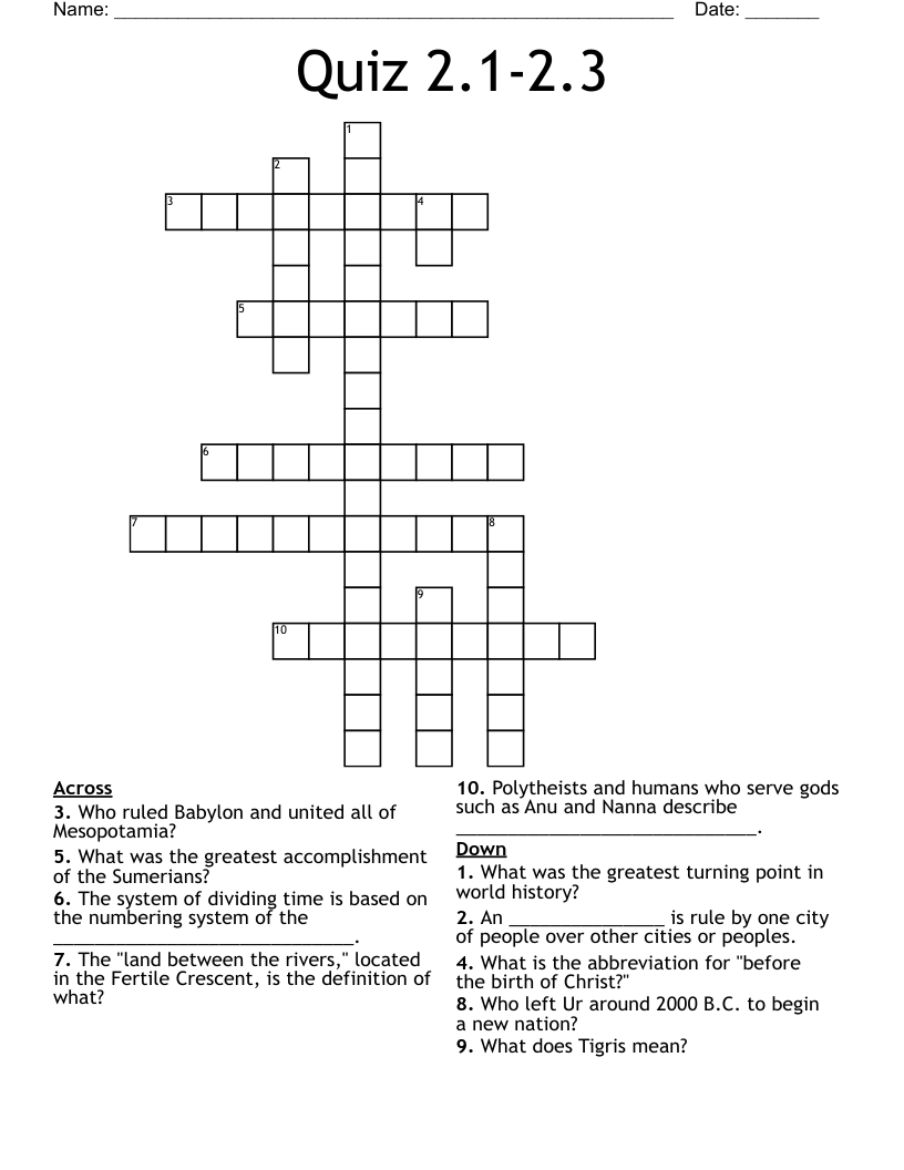 Quiz 2.1-2.3 Crossword