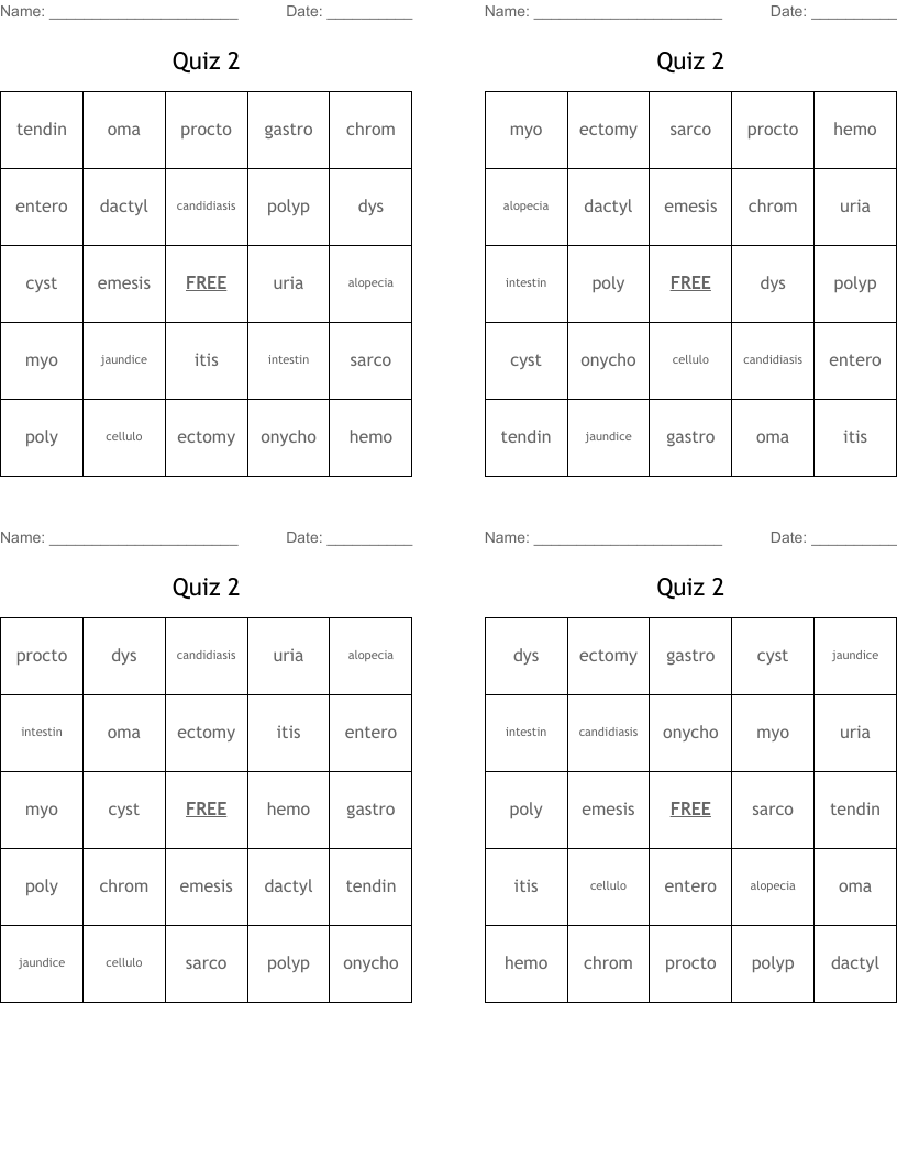 Quiz 2 Bingo Cards